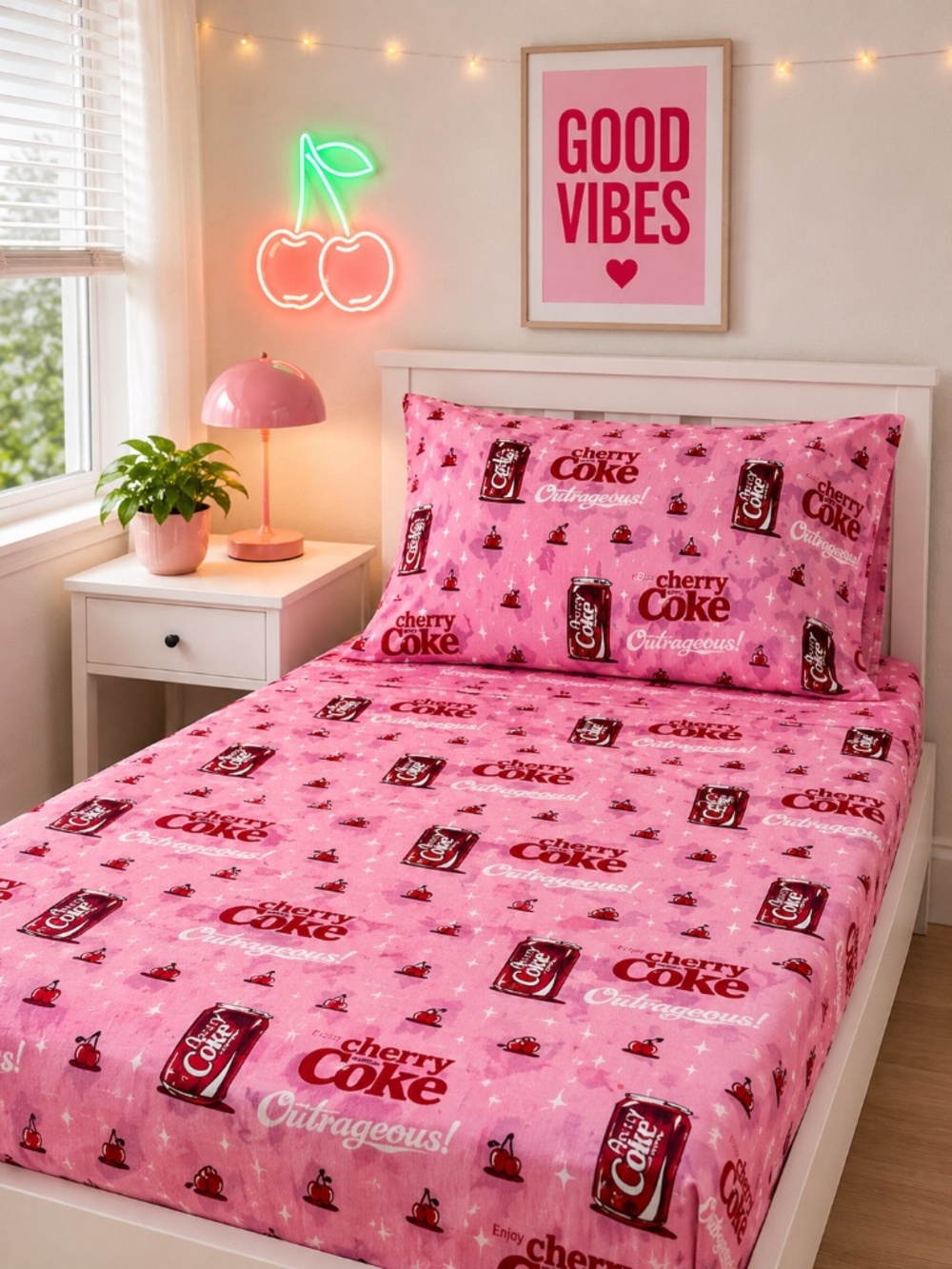 Cherry Coke Twin Sheet Set 4pc Pink Cherries Coca-Cola Bedding Polyester New